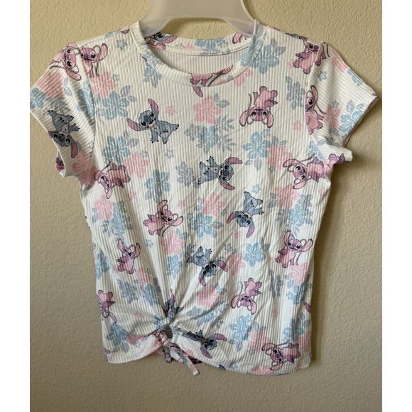 Disney Stitch Angel Hibiscus Flower Short Sleeve Girls T Shirt Top Size S 7/8 - Picture 1 of 4